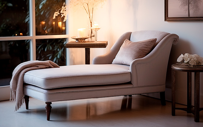 Modern neutral chaise lounge with wooden legs.