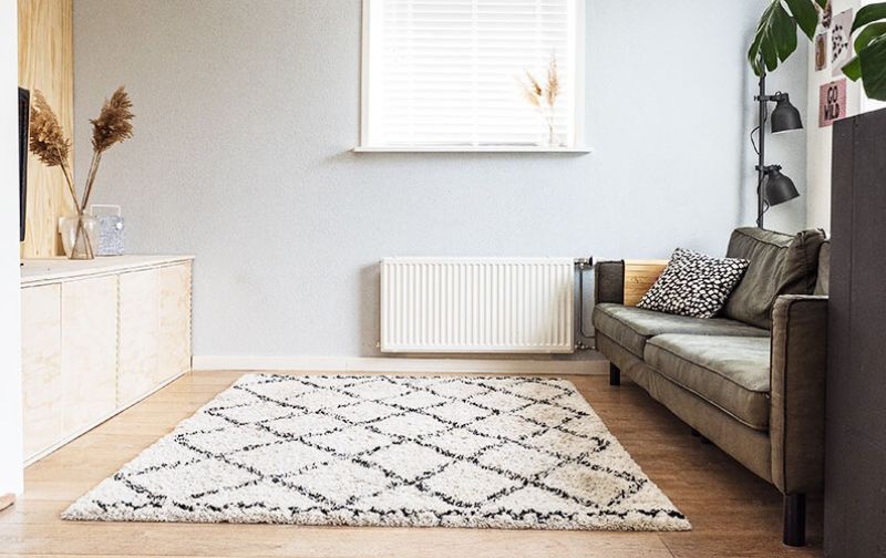 Small sofa along wall in a small living room.