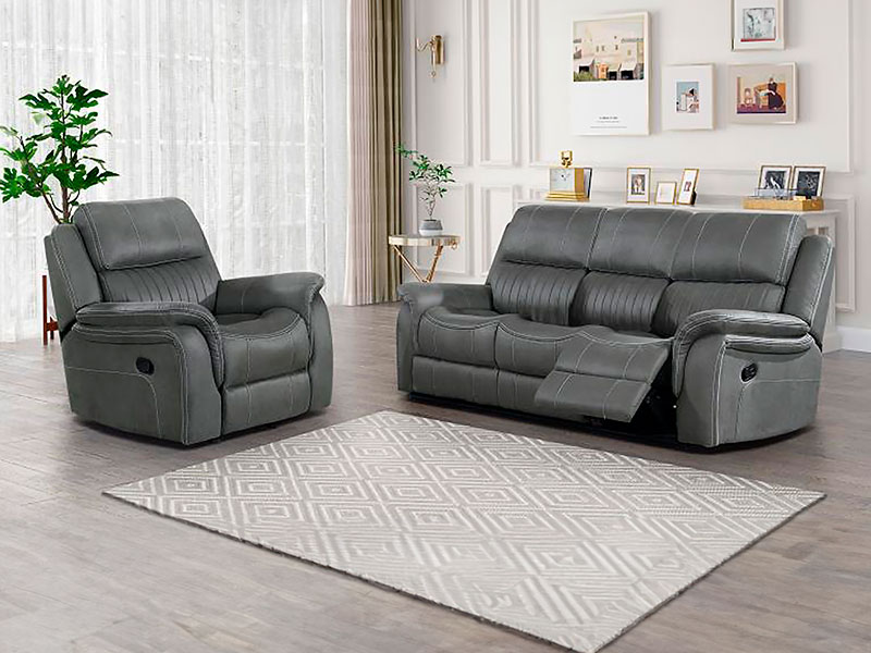 Grey reclining leather sofa and reclining chair.