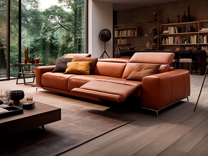 Contemporary tan leather reclining sofa.