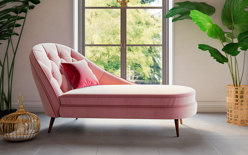 Dusky pink chaise lounge with buttons.