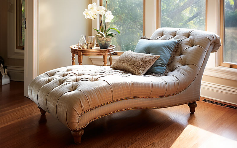 Taupe fabric tufted chaise lounge with silver studs feature.