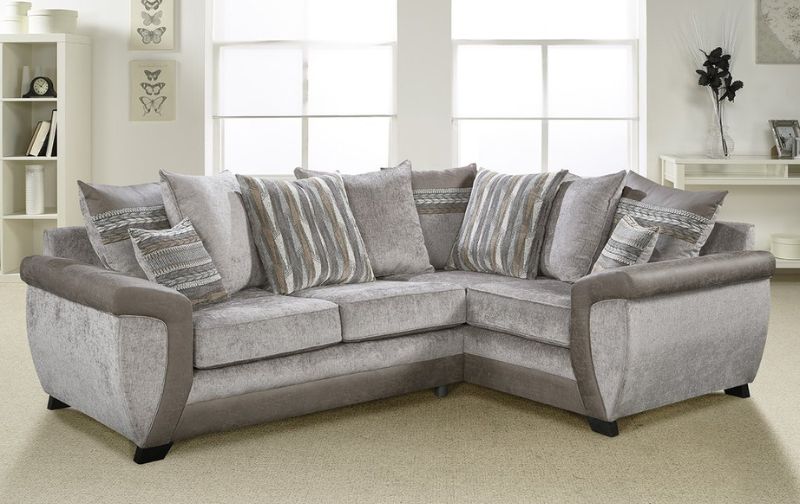 Silver fabric coloured corner sofa.