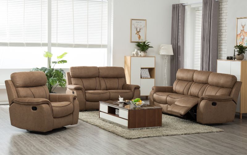 Three seater brown leather recliner sofa with matching two seater sofa and chair.