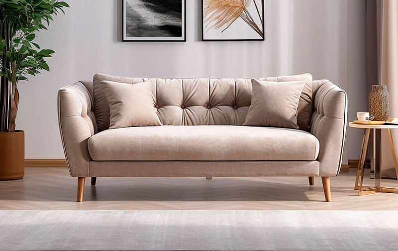 Taupe velvet two seater sofa.6.jpg