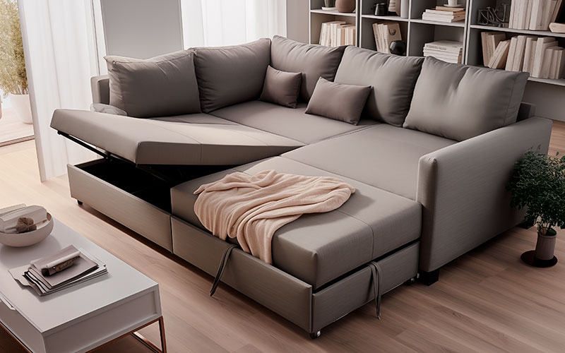 Large grey corner sofa with built in storage and bed option.