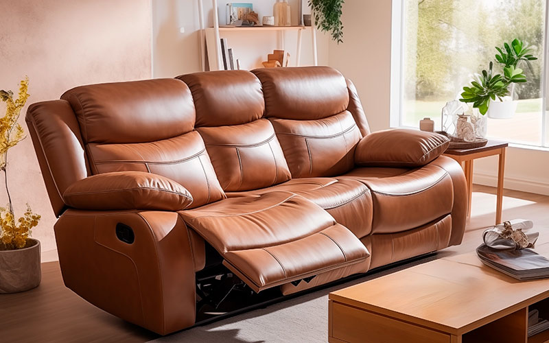 Triple reclining brown leather sofa.