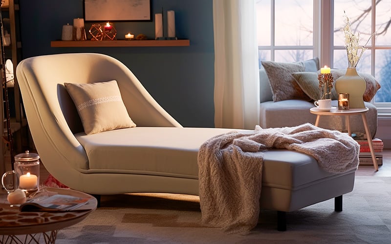 Contemporary neutral chaise lounge with throw.