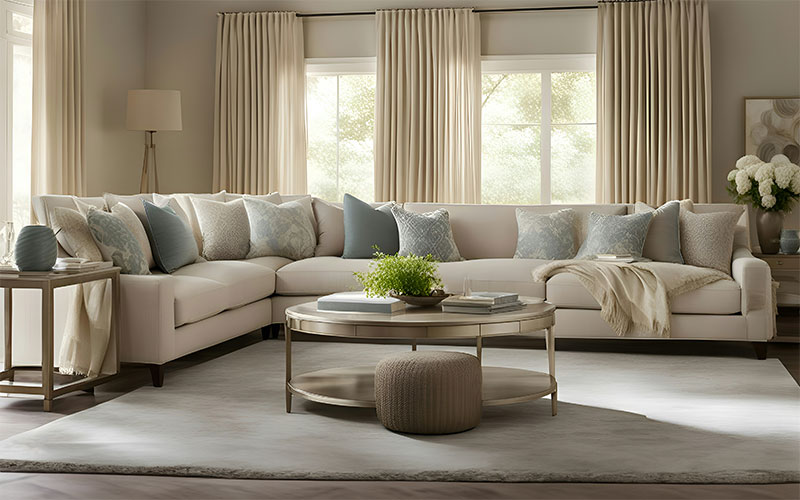 Large cream corner sofa with cushions.