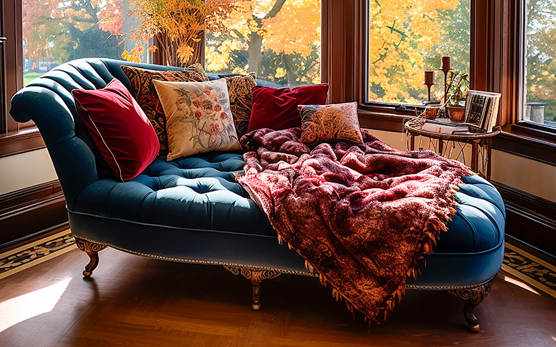 Navy fabric chaise lounge with tufted feature and a red throw.