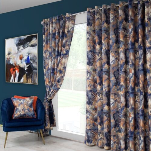 Aria Palm Leaf Blue and Orange Eyelet Curtains - 1