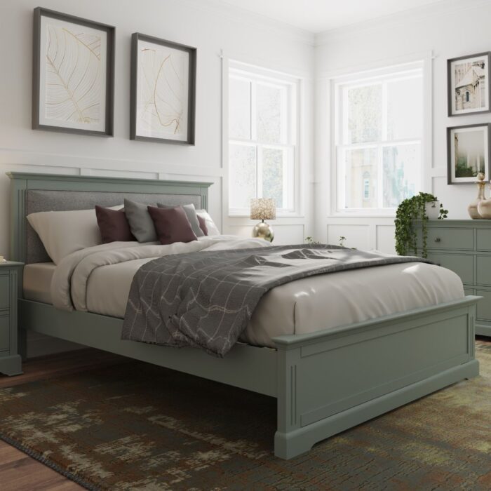 BP-46-CGN - 4'6 ft Brooke Green Grey Wood Bed with Upholstered Headboard - 8
