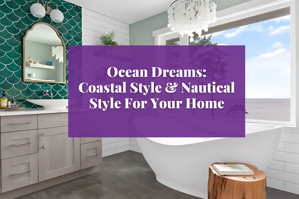 coastal and nautical style header for blog with title and background of coastal bathroom