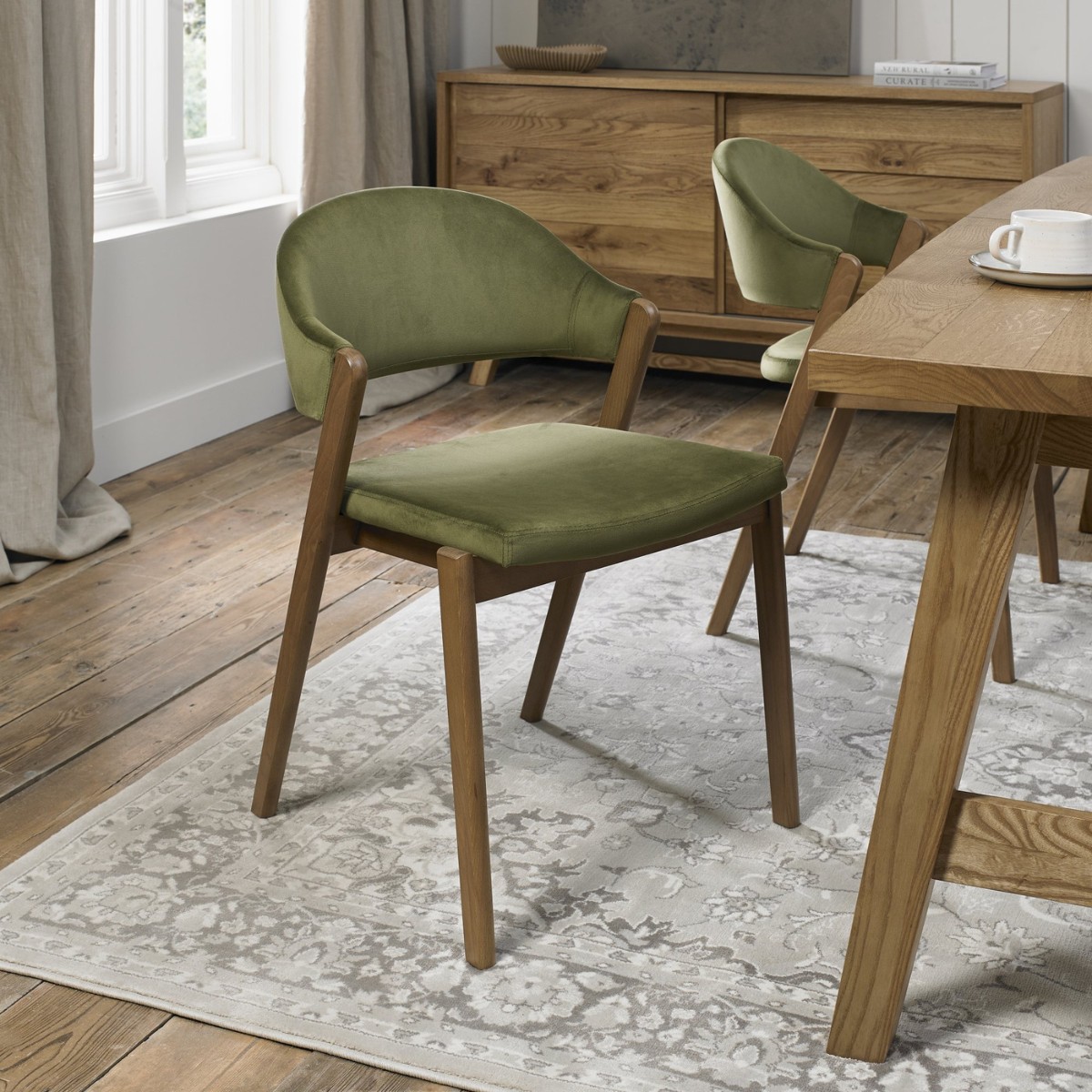 Chambery Rustic Oak Upholstered Dining Chair Green - 4