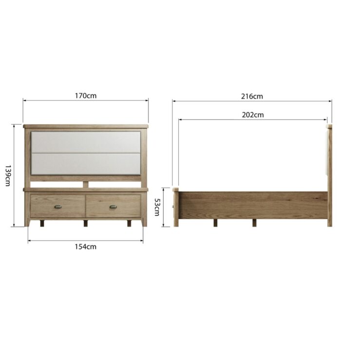 HO-50FHBHO-50DFB-UK - 5ft Oak Bed with Drawers and Fabric Headboard - 10