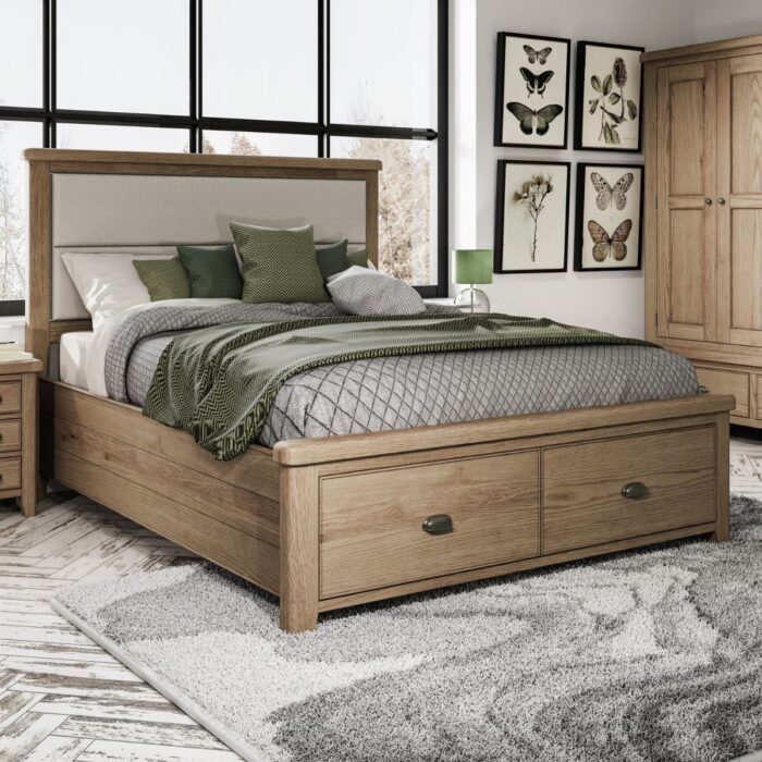 HO-50FHBHO-50DFB-UK - 5ft Oak Bed with Drawers and Fabric Headboard - 9