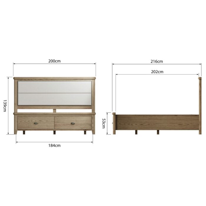 HO-60DFB-UKHO-60FHB-UK - 6ft Oak Bed with Drawers and Fabric Headboard - 10