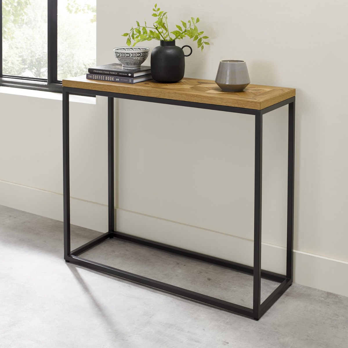 Inishmore Oak and Black Metal Narrow Console Table - 3