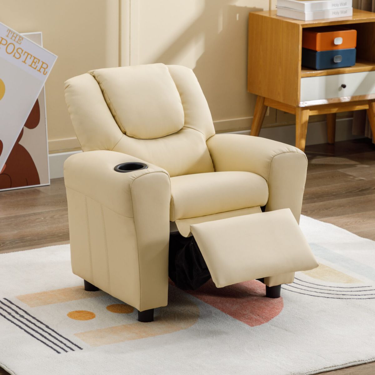 Kids Recliner Chair with Cup Holder Beige - 2