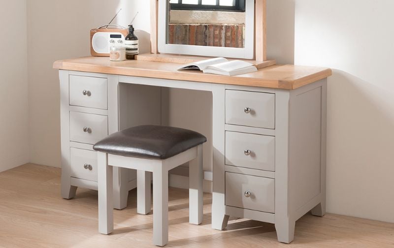 Light grey mirrored dressing table with leather covered fitted stool.