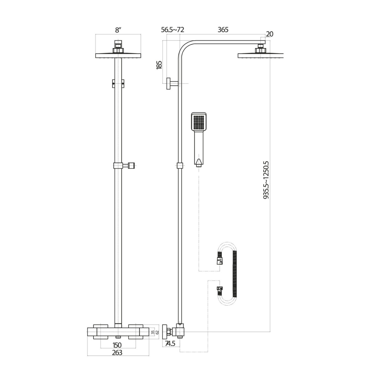 Lunar Black Square Rigid Riser Shower - 4