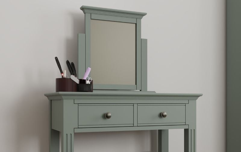 Neutral light olive dressing table with mirror and 2 drawers.