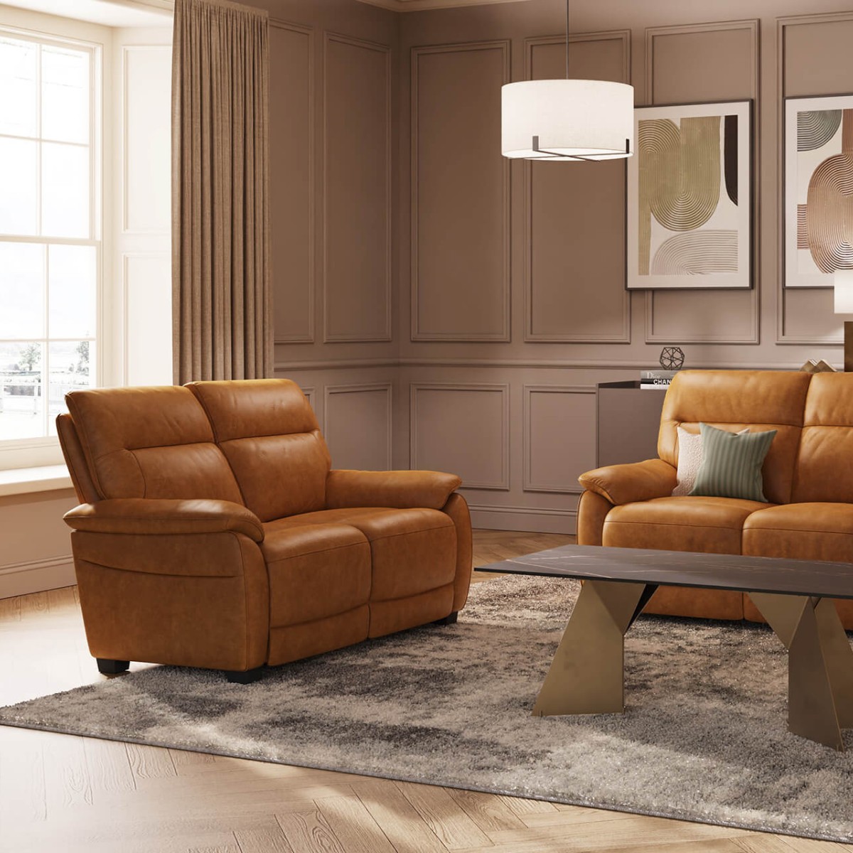 Newport Tan Leather 2 Seater Fixed Sofa - 2