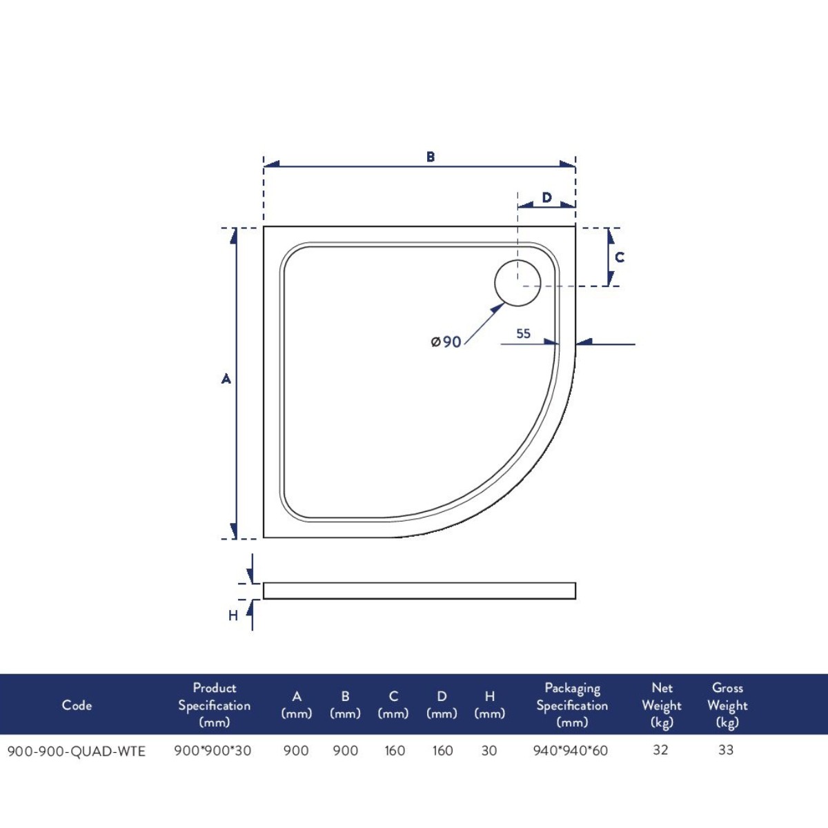 Quadrant 900 x 900 Shower Tray - 3