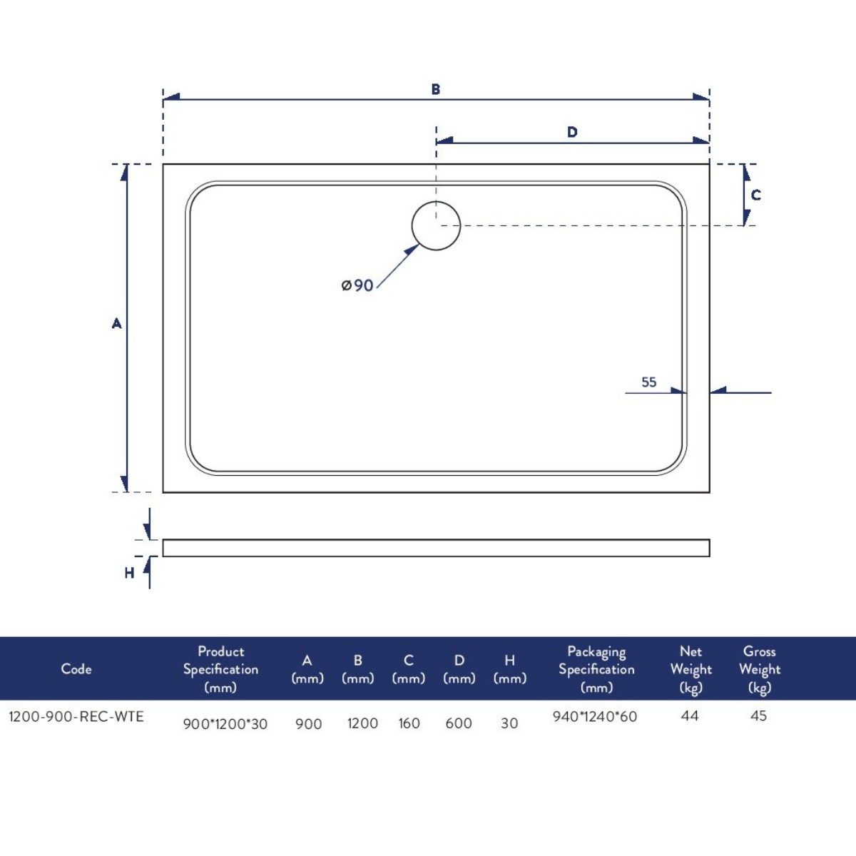 Rectangular 1200 x 900 Shower Tray - 3