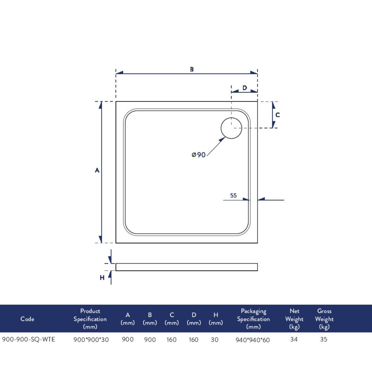 Square 900 x 900 Shower Tray - 3