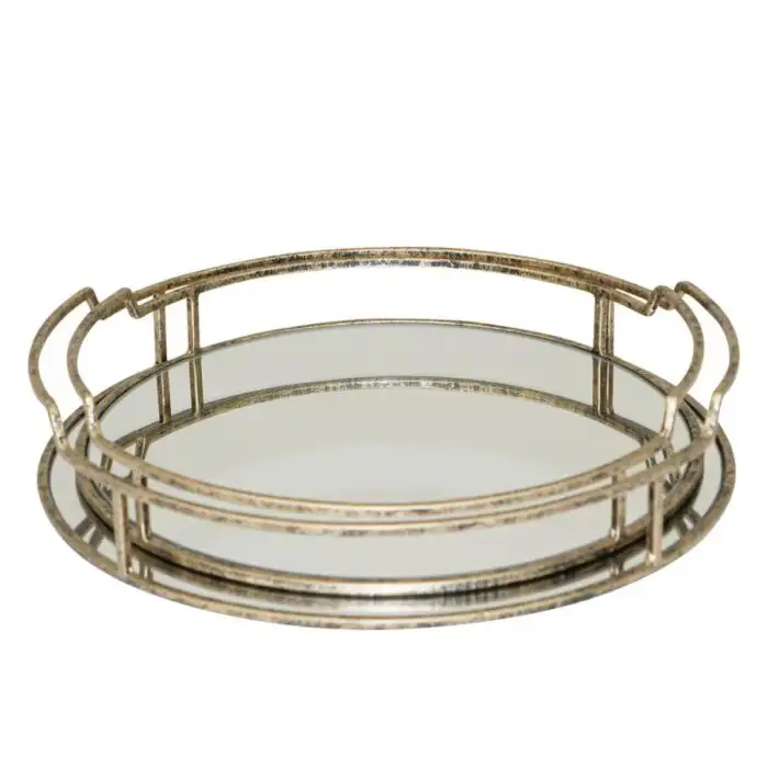 Drina Round Art Deco Mirrored Tray - Set of Two