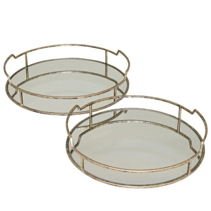 TF062 - Drina Set of 2 Round Antique Gold Mirrored Trays - 2