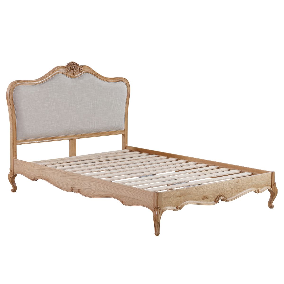 Versailles Carved Oak Bed Frame with Upholstered Headboard - 1