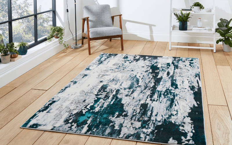 an abstract rug in a room