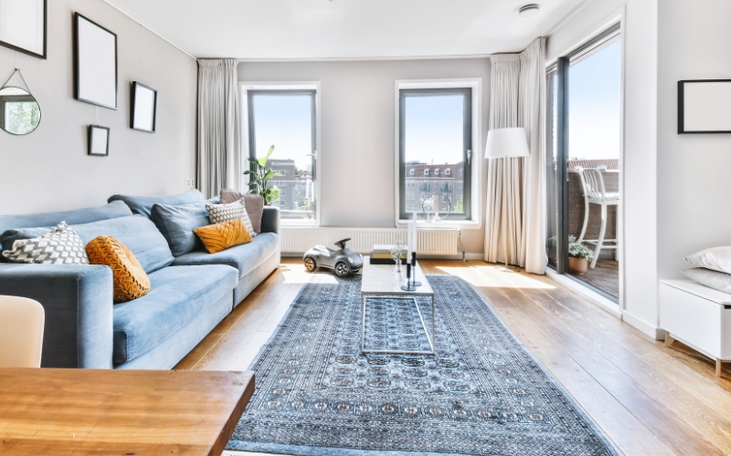 a living room with a couch and a blue rug