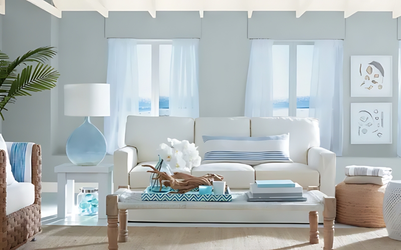 coastal style livng room in light colours