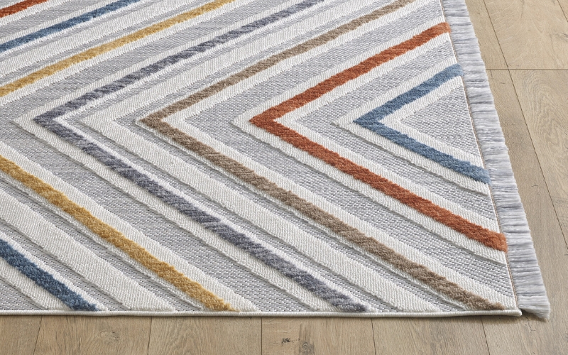 a geometric patterned rug on the floor