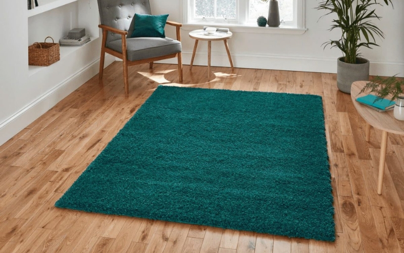 a green colour rug in a room