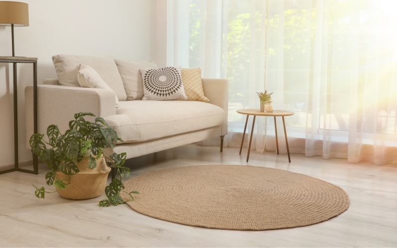 a couch and a round beige coloured rug in a room