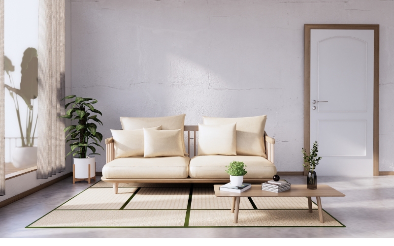 a couch and coffee table in a room resting on a beige rug