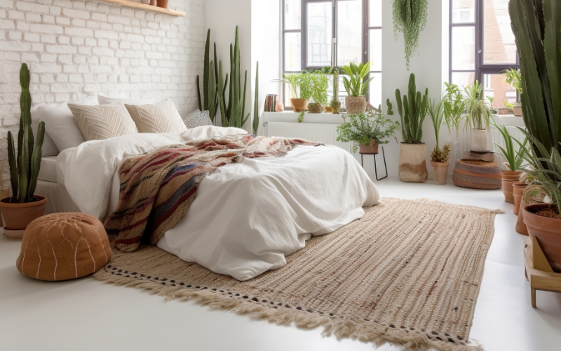 a bedroom with a bed on a beige rug and plants