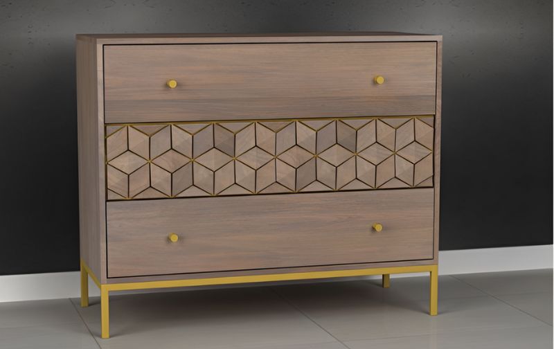 wooden chest of drawers with metal legs